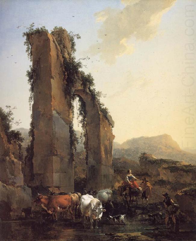 BERCHEM, Nicolaes Peasants with Four Oxen and a Goat at a Ford by a Ruined Aqueduct china oil painting image
